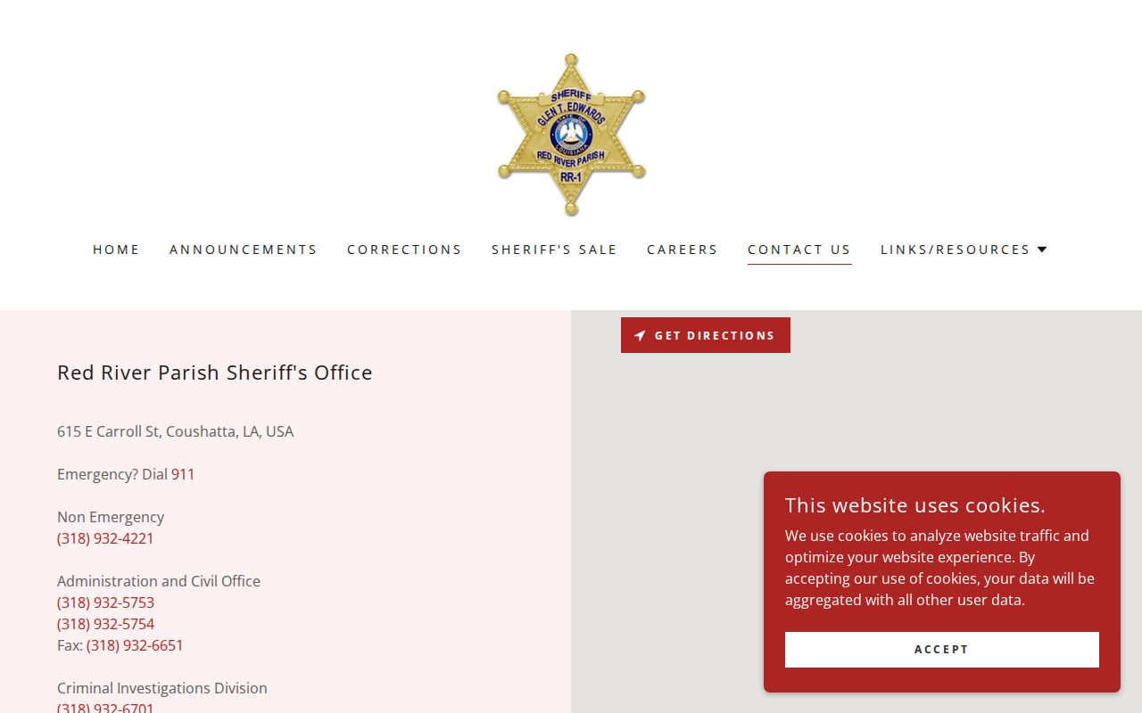 Red River Parish Sheriff's Office contact page showing local office information