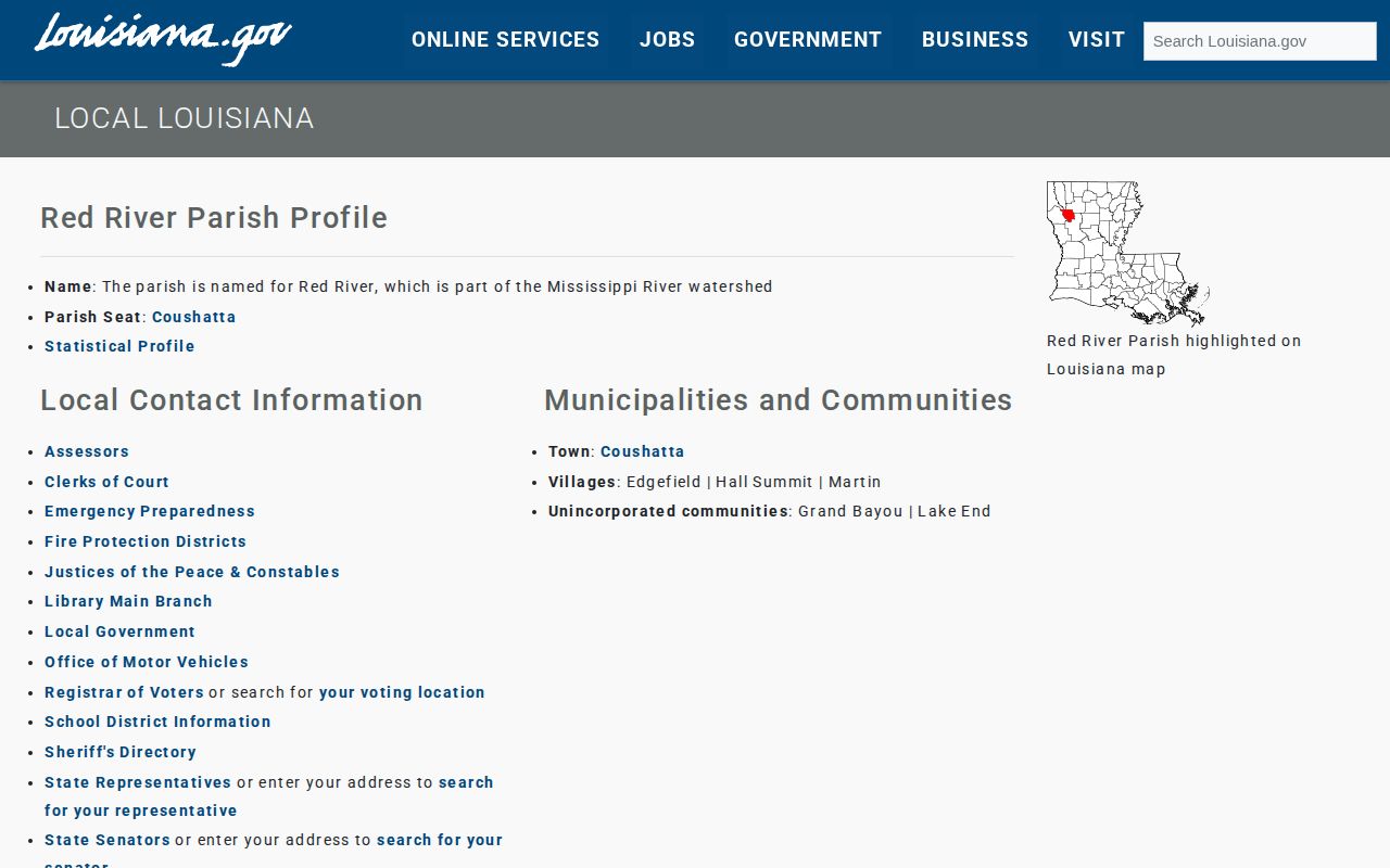 Louisiana government Red River Parish profile with incorporated-place context