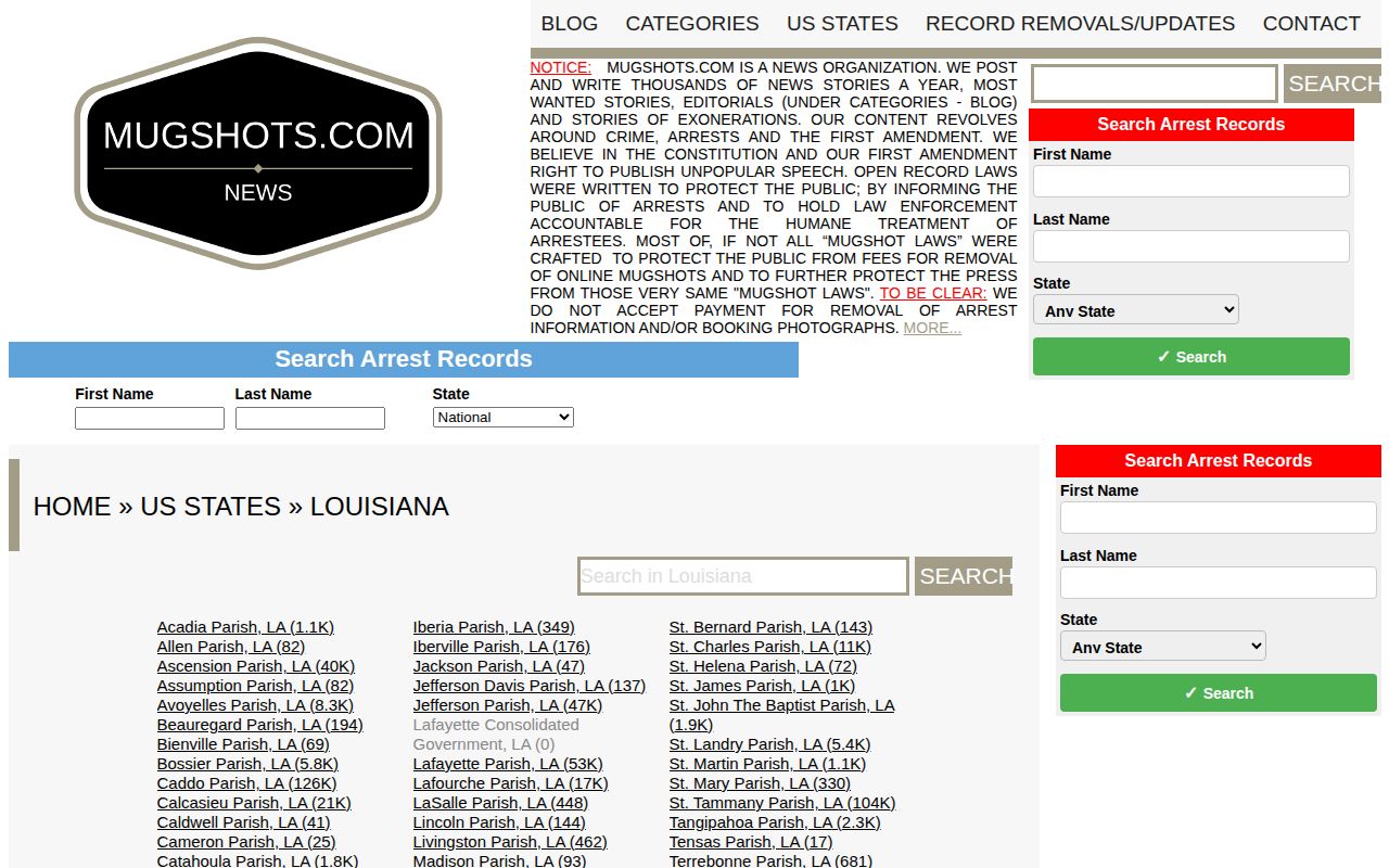 Unofficial Mugshots.com Louisiana directory listing parish sections