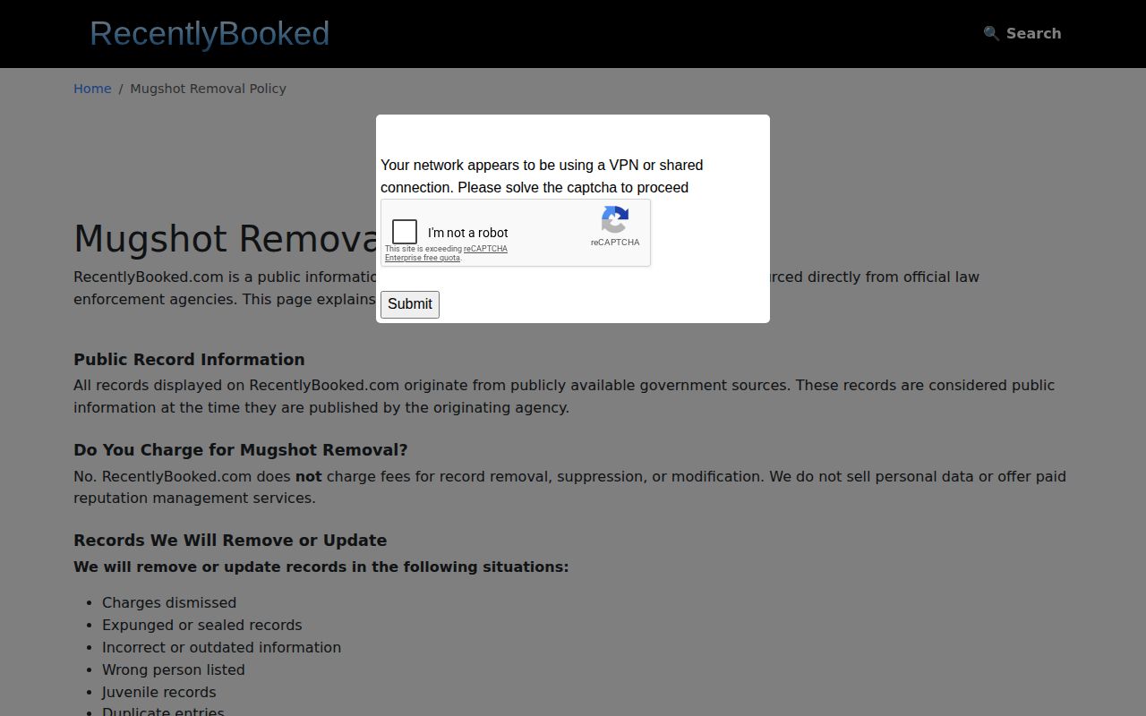 RecentlyBooked free removal policy relevant to Red River Parish arrest records